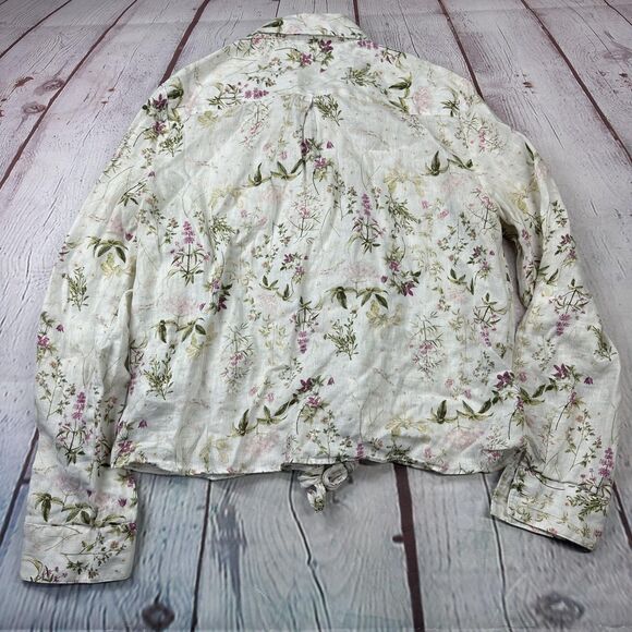 Saks Fifth Avenue Shirt Womens Medium White Floral Linen Button Front Blouse - Picture 9 of 9